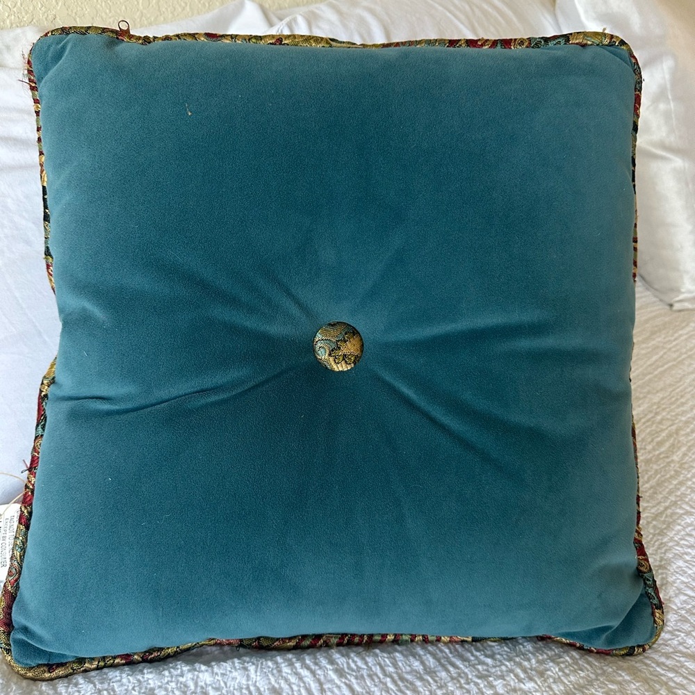 Teal Velvet Cushion with Button Accent